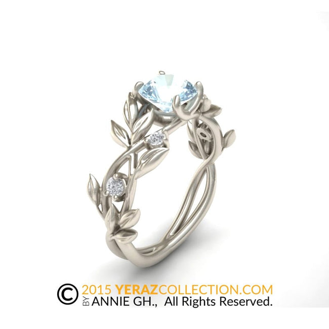 Leaf Engagement ring, White Gold 14k, Aquamarine Engagement ring, Nature inspired Diamond Leaf ring, Leaf Gold ring, Bridal ring