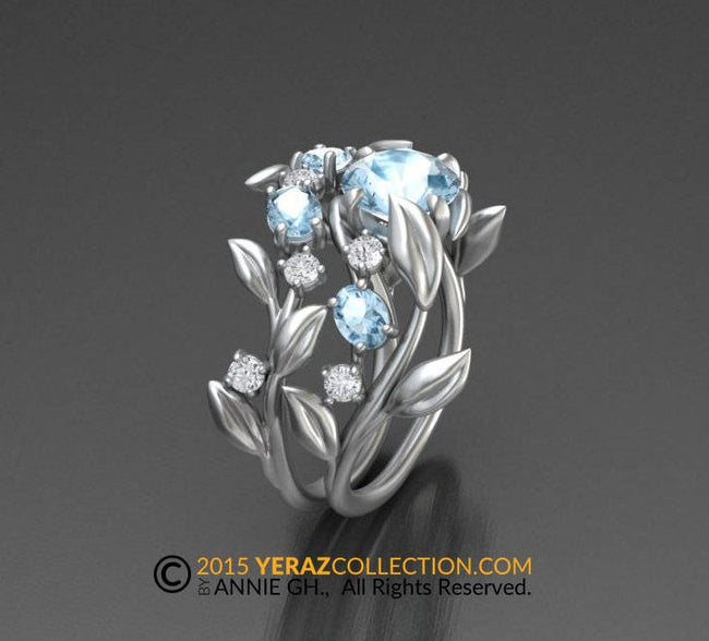 Classy & chic Aquamarine Matching band, 14k White gold, Matching band For the leaf ring, Nature inspired Diamond Leaf ring, FlowerGold Band