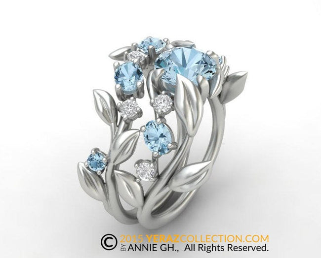 Classy & chic Aquamarine Matching band, 14k White gold, Matching band For the leaf ring, Nature inspired Diamond Leaf ring, FlowerGold Band