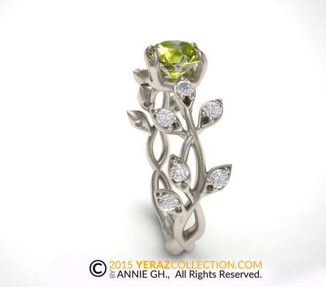 Engagement ring, Leaf Engagement ring, White Gold 14k, Peridot Engagement ring, Nature inspired Diamond Leaf ring, Leaf Gold ring.RI-1240-P