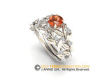 Leaf Engagement ring with the matching band, White Gold 14k, Orange Sapphire Engagement ring, Nature inspired Diamond Leaf ring