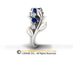 Leaf Engagement ring,White Gold 14k, Lab created Blue Sapphire Engagement ring,Nature inspired Diamond Leaf ring,Leaf ring.