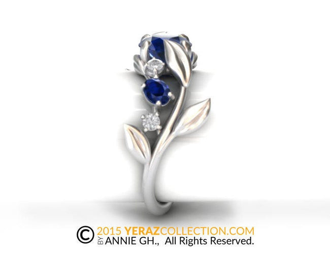 Leaf Engagement ring,White Gold 14k, Lab created Blue Sapphire Engagement ring,Nature inspired Diamond Leaf ring,Leaf ring.