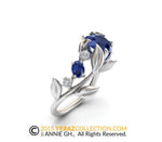 Leaf Engagement ring,White Gold 14k, Lab created Blue Sapphire Engagement ring,Nature inspired Diamond Leaf ring,Leaf ring.