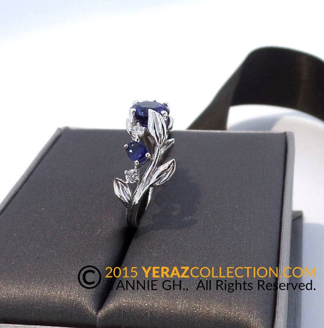 Leaf Engagement ring,White Gold 14k, Lab created Blue Sapphire Engagement ring,Nature inspired Diamond Leaf ring,Leaf ring.