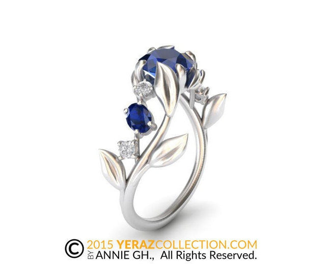 Leaf Engagement ring,White Gold 14k, Lab created Blue Sapphire Engagement ring,Nature inspired Diamond Leaf ring,Leaf ring.