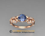 Unique Leaf Engagement ring, 14K Rose Gold, Lab Created Blue Sapphire Engagement ring,  Affordable Nature inspired Diamond Leaf ring