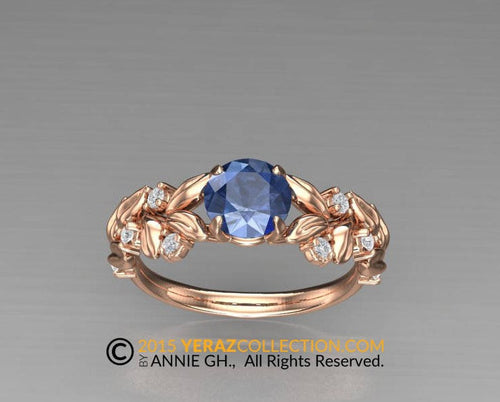 Unique Leaf Engagement ring, 14K Rose Gold, Lab Created Blue Sapphire Engagement ring,  Affordable Nature inspired Diamond Leaf ring