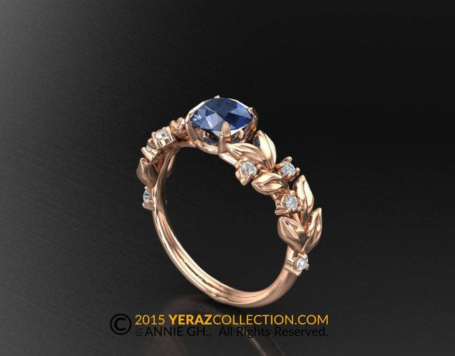 Unique Leaf Engagement ring, 14K Rose Gold, Lab Created Blue Sapphire Engagement ring,  Affordable Nature inspired Diamond Leaf ring