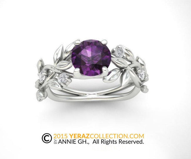 Leaf Engagement ring, Leaf Ring, White Gold 14k, Amethyst Center Stone Engagement Ring.