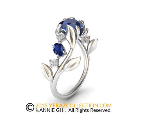 Unique Leaf Engagement Ring, 14k White Gold, Blue Sapphire Engagement ring, Nature inspired Diamond Leaf ring, Leaf Gold ring, Bridal ring