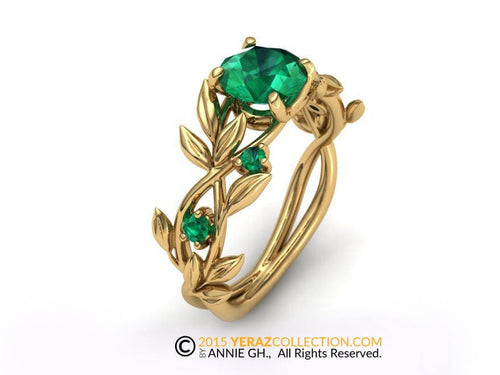 Leaf Engagement ring, 14K Yellow Gold, Chatham Emerald, Engagement ring, Nature inspired Emerald Leaf ring, Leaf Gold ring, Bridal ring