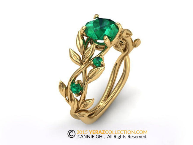 Leaf Engagement ring, 14K Yellow Gold, Chatham Emerald, Engagement ring, Nature inspired Emerald Leaf ring, Leaf Gold ring, Bridal ring