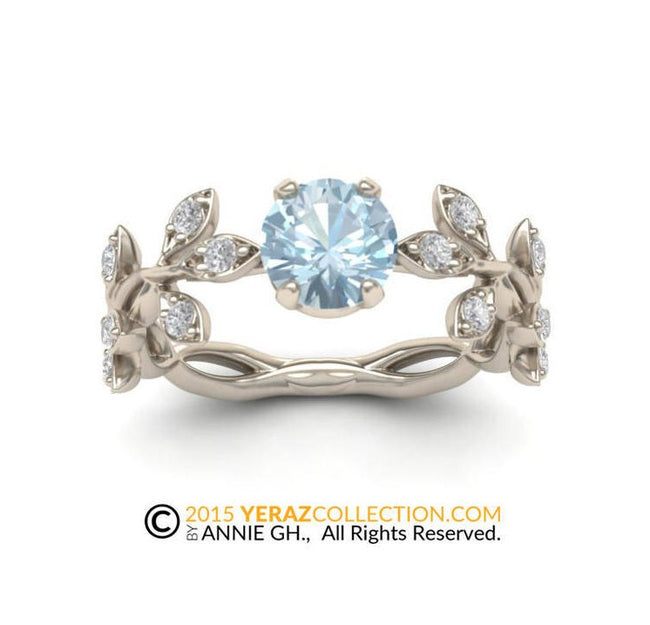 Aquamarine Engagement ring, Leaf Engagement ring, 14k White Gold, Classy Engagement ring, Nature inspired Diamond Leaf ring, Leaf Gold ring.