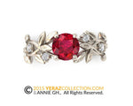 Leaf ring, White Gold 14k, Chatham Created Ruby Engagement ring, Nature inspired ring, Leaf Gold ring, Bridal ring, 1262.