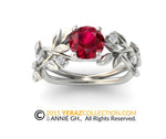 Leaf ring, White Gold 14k, Chatham Created Ruby Engagement ring, Nature inspired ring, Leaf Gold ring, Bridal ring, 1262.