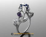 Chatham Sapphire Leaf Engagement ring, 14k White Gold, Chatham Sapphire Engagement ring, Nature inspired Diamond Leaf ring, Alexandrite Ring