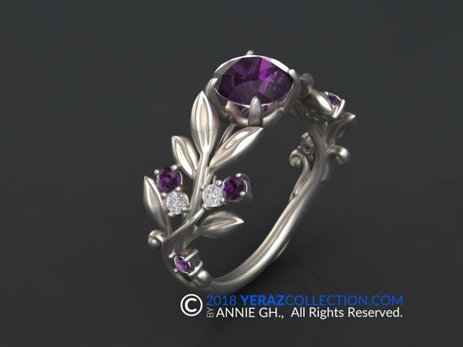 Leaf Engagement Ring, White Gold 14k, Amethyst Engagement Ring, Nature inspired Diamond Leaf ring, Leaf Gold Ring, Bridal Ring.