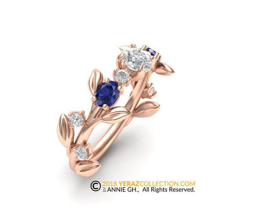 Unique Diamond Engagement Ring, Leaf Engagement Ring, 14K Rose Gold, Nature inspired Leaf ring, Leaf Gold ring, Blue Sapphire Ring.