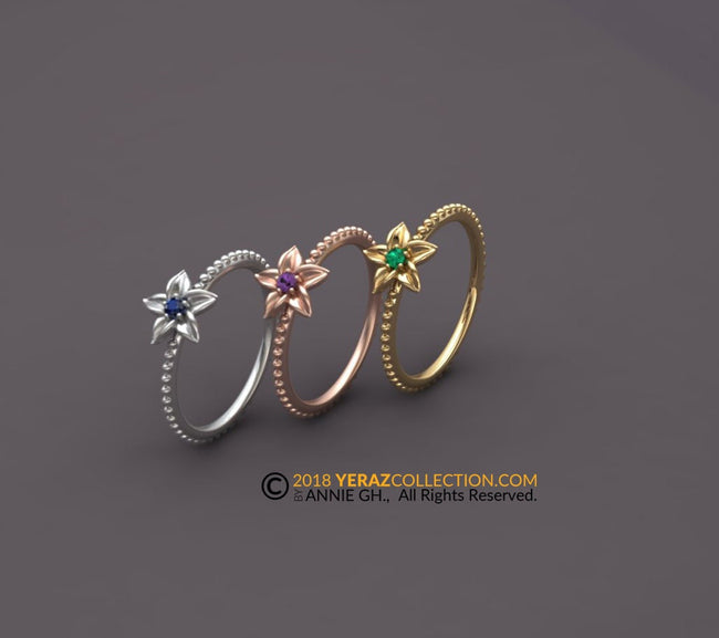 Birthstone Flower Gold Ring, Gemstone Ring, Delicate gold ring, Unique gold ring, 14K Gold Ring, Birthstone Ring, Nature Inspired ring