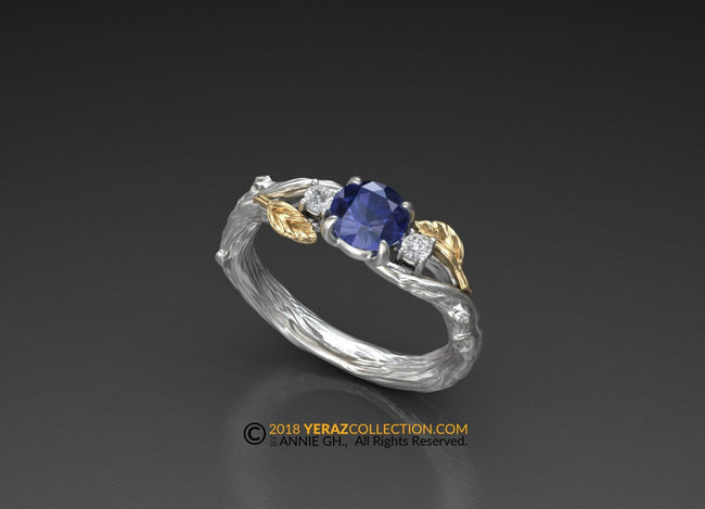 Leaf Engagement ring, 14K White Gold, Engagement ring, Blue Sapphire ring, Nature inspired Leaf ring, Leaf Gold ring, Bridal ring.