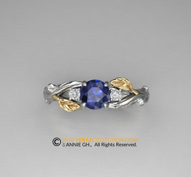 Leaf Engagement ring, 14K White Gold, Engagement ring, Blue Sapphire ring, Nature inspired Leaf ring, Leaf Gold ring, Bridal ring.