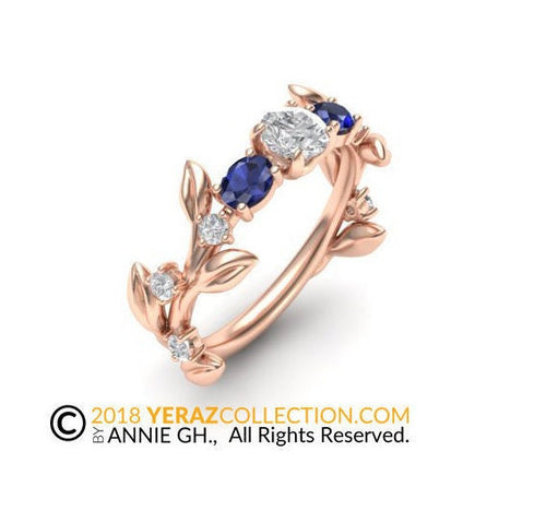 Diamond Engagement ring, Leaf Engagement ring, 14K Rose Gold, Nature inspired Leaf ring, Leaf Gold ring, Blue Sapphire Engagement Ring.