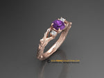 Unique Leaf Engagement ring, 14K Rose Gold, Amethyst Engagement ring, Nature inspired Leaf ring, Leaf Gold ring, Bridal ring.