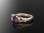 Unique Leaf Engagement ring, 14K Rose Gold, Amethyst Engagement ring, Nature inspired Leaf ring, Leaf Gold ring, Bridal ring.