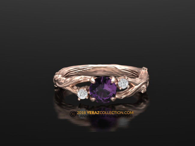 Unique Leaf Engagement ring, 14K Rose Gold, Amethyst Engagement ring, Nature inspired Leaf ring, Leaf Gold ring, Bridal ring.