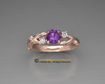 Unique Leaf Engagement ring, 14K Rose Gold, Amethyst Engagement ring, Nature inspired Leaf ring, Leaf Gold ring, Bridal ring.