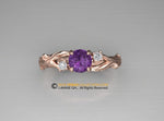 Unique Leaf Engagement ring, 14K Rose Gold, Amethyst Engagement ring, Nature inspired Leaf ring, Leaf Gold ring, Bridal ring.