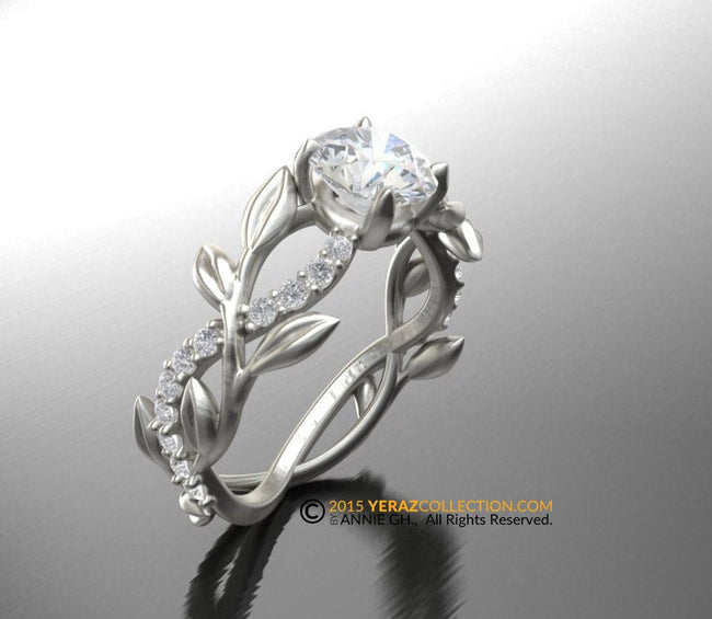 Leaf Engagement Ring, White Gold 14k, Moissanite Center-stone, Nature inspired Diamond Leaf ring, Leaf Gold ring, White gold.