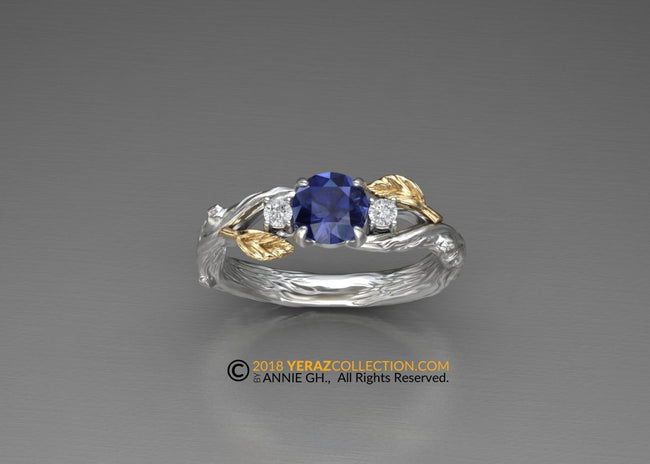 Leaf Engagement ring, 14K White Gold, Engagement ring, Blue Sapphire ring, Nature inspired Leaf ring, Leaf Gold ring, Bridal ring.