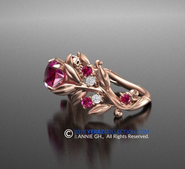 Leaf Engagement Ring, Rose Gold 14k,  Chatham Created Ruby  Engagement Ring, Nature inspired Diamond Leaf ring.