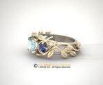 Leaf Engagement ring, two tone Gold 14k, Aquamarine Center stone, Nature inspired Leaf Ring, Engagement Ring.