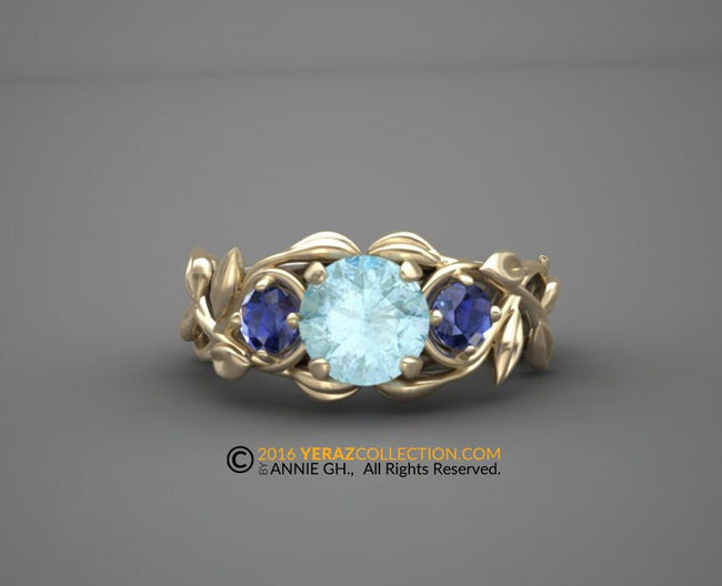 Leaf Engagement ring, two tone Gold 14k, Aquamarine Center stone, Nature inspired Leaf Ring, Engagement Ring.