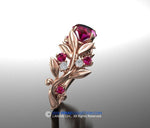 Leaf Engagement Ring, Rose Gold 14k,  Chatham Created Ruby  Engagement Ring, Nature inspired Diamond Leaf ring.