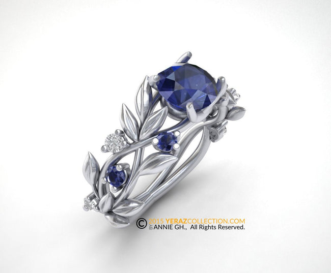 Leaf Engagement ring, 14K White Gold, Chatham Sapphire, Engagement ring, Nature inspired Sapphire Leaf ring, Leaf Gold ring.