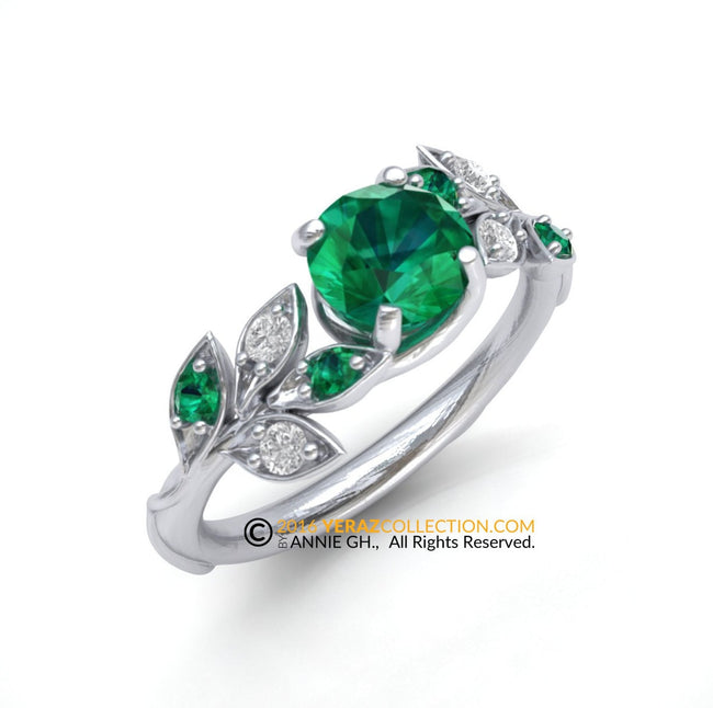 Leaf Engagement ring, Platinum, Emerald Engagement Ring, Nature inspired Diamond Leaf ring.