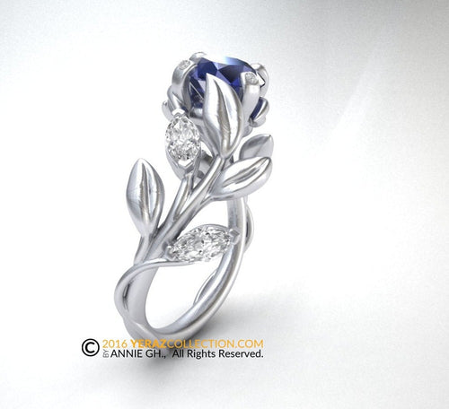 Leaf Engagement ring, Platinum, Chatham Sapphire Ring, Diamond Ring, Nature inspired.