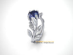 Leaf Engagement ring, Platinum, Chatham Sapphire Ring, Diamond Ring, Nature inspired.