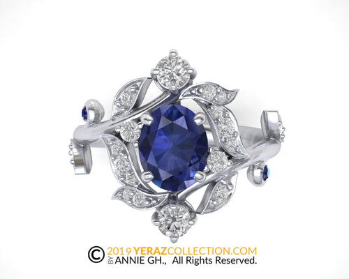 Unique Blue Sapphire Flower Engagement Ring, 14k White Gold, Nature Inspired Leaf Ring