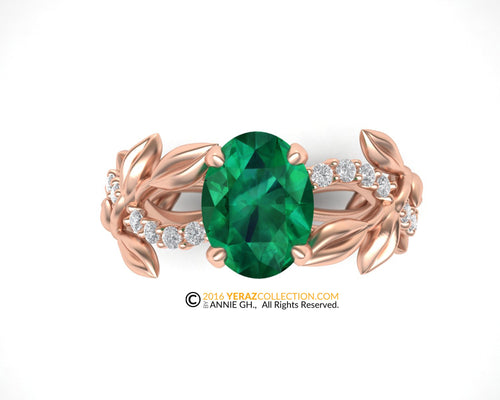 Leaf Engagement Ring, Rose Gold 14k, Chatham Emerald Ring, Nature inspired Diamond Leaf ring, Leaf Gold ring, White gold, RI-1317.