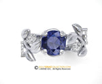 Leaf Engagement ring, Platinum, Chatham Sapphire Ring, Diamond Ring, Nature inspired.