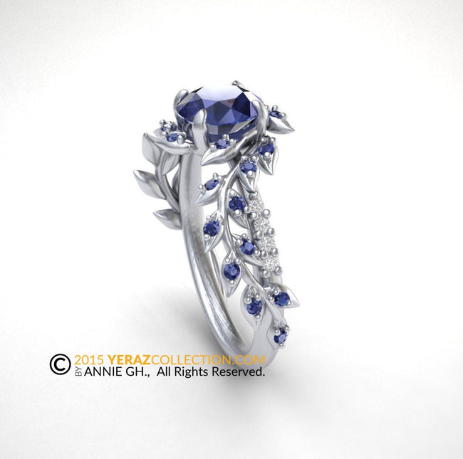 Sapphire Engagement ring, 14k White Gold, Chatham Sapphire Center Stone, Nature inspired Diamond Leaf ring, Bridal ring. RI-1283