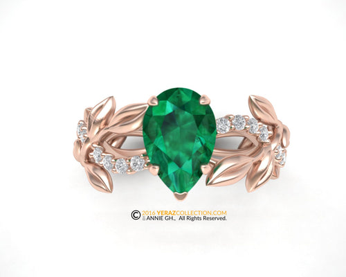 Leaf Engagement Ring, Rose Gold 14k, Chatham Emerald Ring, Nature inspired Diamond Leaf ring, Leaf Gold ring.