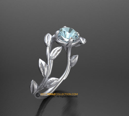 Leaf Engagement ring, 14k White Gold, Engagement ring, Aquamarine Flower Ring, Nature inspired Leaf ring, Leaf Gold ring.