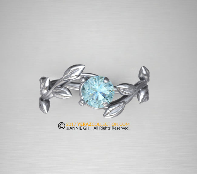 Leaf Engagement ring, 14k White Gold, Engagement ring, Aquamarine Flower Ring, Nature inspired Leaf ring, Leaf Gold ring.