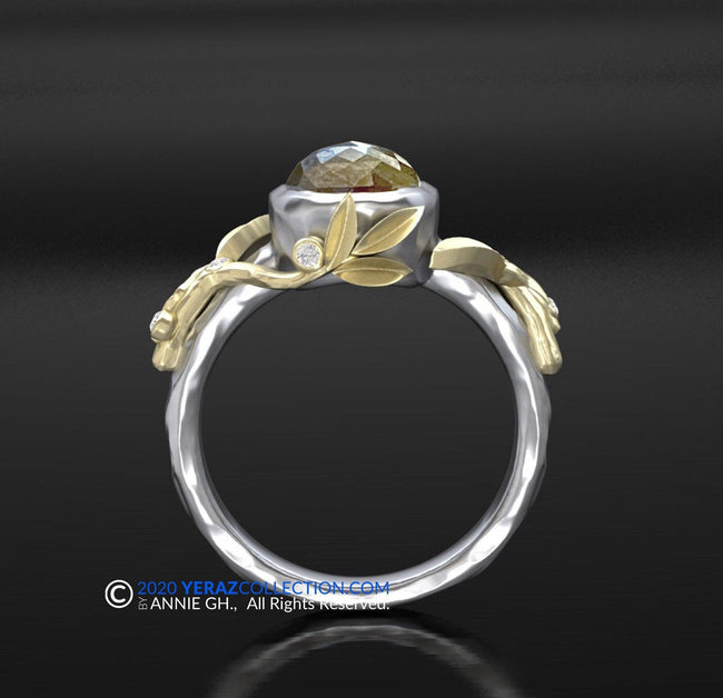 Leaf Engagement ring, two tone Gold 14k, Rose cut Diamond Center stone, Olive Branch Ring, Nature inspired Leaf Ring,Engagement